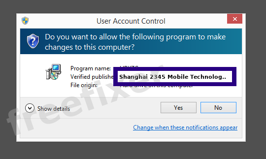 Screenshot where Shanghai 2345 Mobile Technology Co., Ltd. appears as the verified publisher in the UAC dialog
